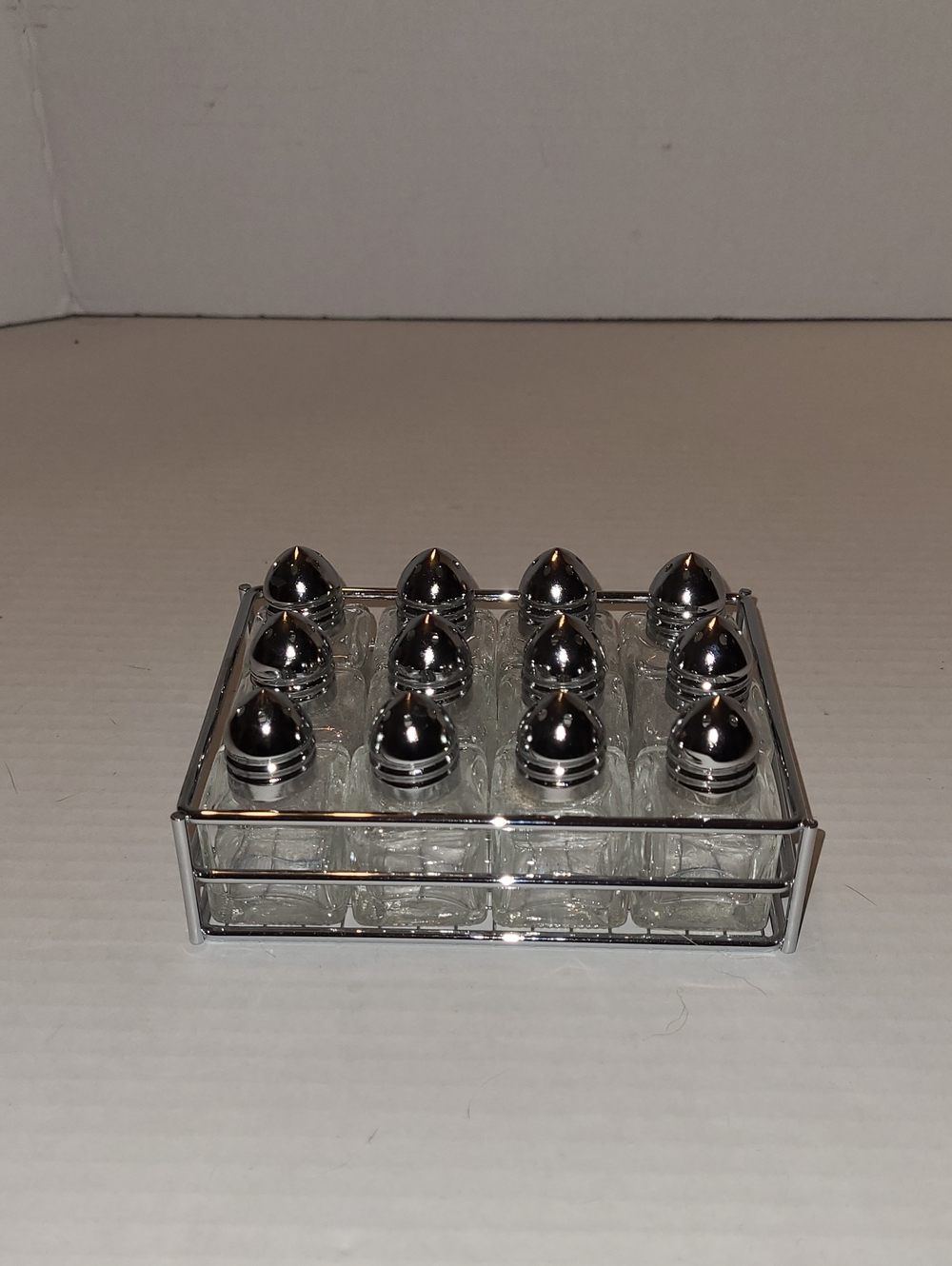 Clear Glass Mini Salt & Pepper Shakers Set of 12 with Chrome Basket